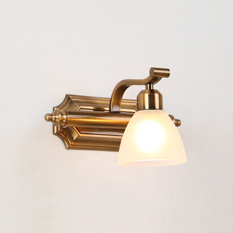 Colonialist Dome Vanity Lighting Idea 1/2/3-Light Cream Glass Bathroom Wall Light in Gold with Curved Arm Clearhalo 'Vanity Lights' 'Wall Lights' Lighting' 1460384