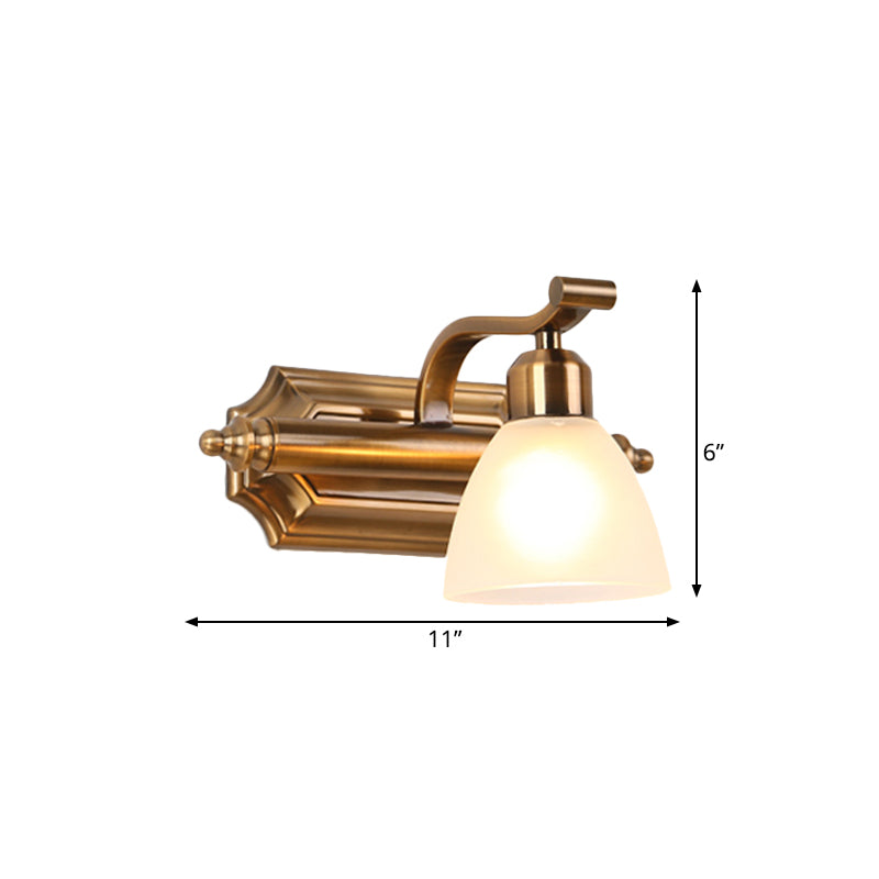 Colonialist Dome Vanity Lighting Idea 1/2/3-Light Cream Glass Bathroom Wall Light in Gold with Curved Arm Clearhalo 'Vanity Lights' 'Wall Lights' Lighting' 1460385