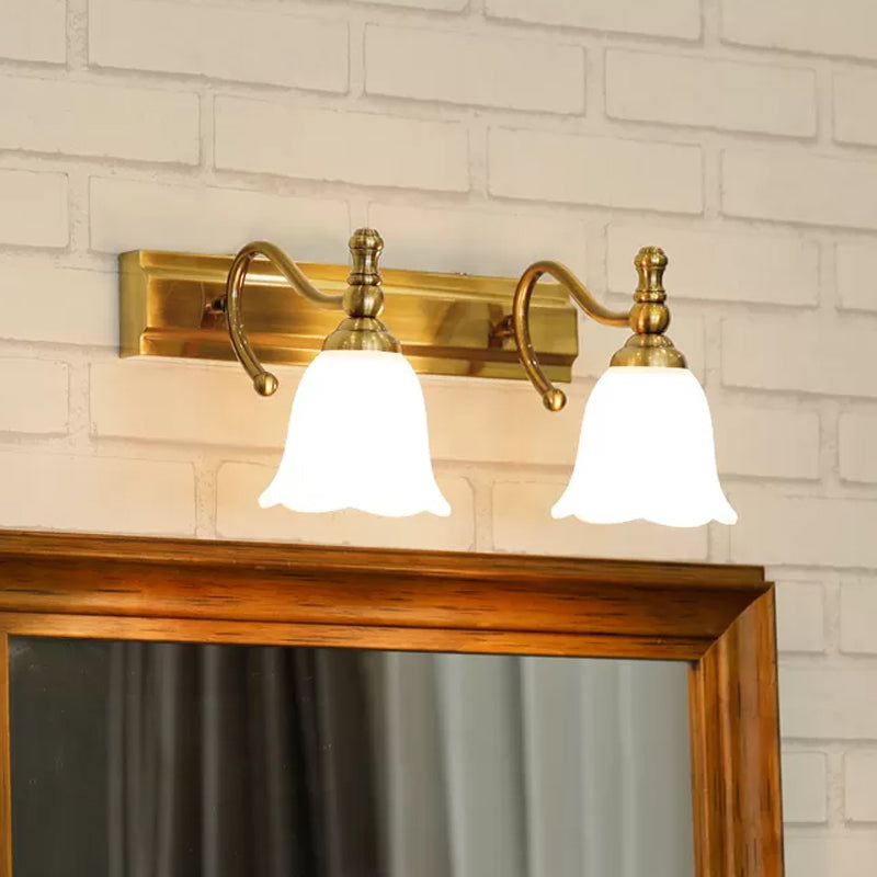 2/3 Heads Wall Vanity Light Colonial Bathroom Wall Lamp with Flower Opal Glass Shade in Gold 2.0 Gold Clearhalo 'Vanity Lights' 'Wall Lights' Lighting' 1460386