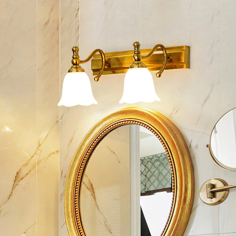 2/3 Heads Wall Vanity Light Colonial Bathroom Wall Lamp with Flower Opal Glass Shade in Gold Clearhalo 'Vanity Lights' 'Wall Lights' Lighting' 1460388