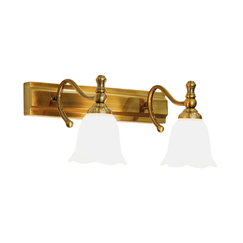 2/3 Heads Wall Vanity Light Colonial Bathroom Wall Lamp with Flower Opal Glass Shade in Gold Clearhalo 'Vanity Lights' 'Wall Lights' Lighting' 1460389