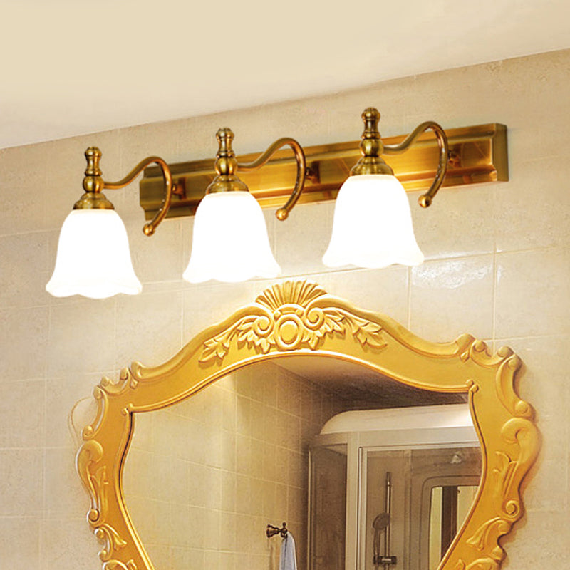 2/3 Heads Wall Vanity Light Colonial Bathroom Wall Lamp with Flower Opal Glass Shade in Gold 3.0 Gold Clearhalo 'Vanity Lights' 'Wall Lights' Lighting' 1460391