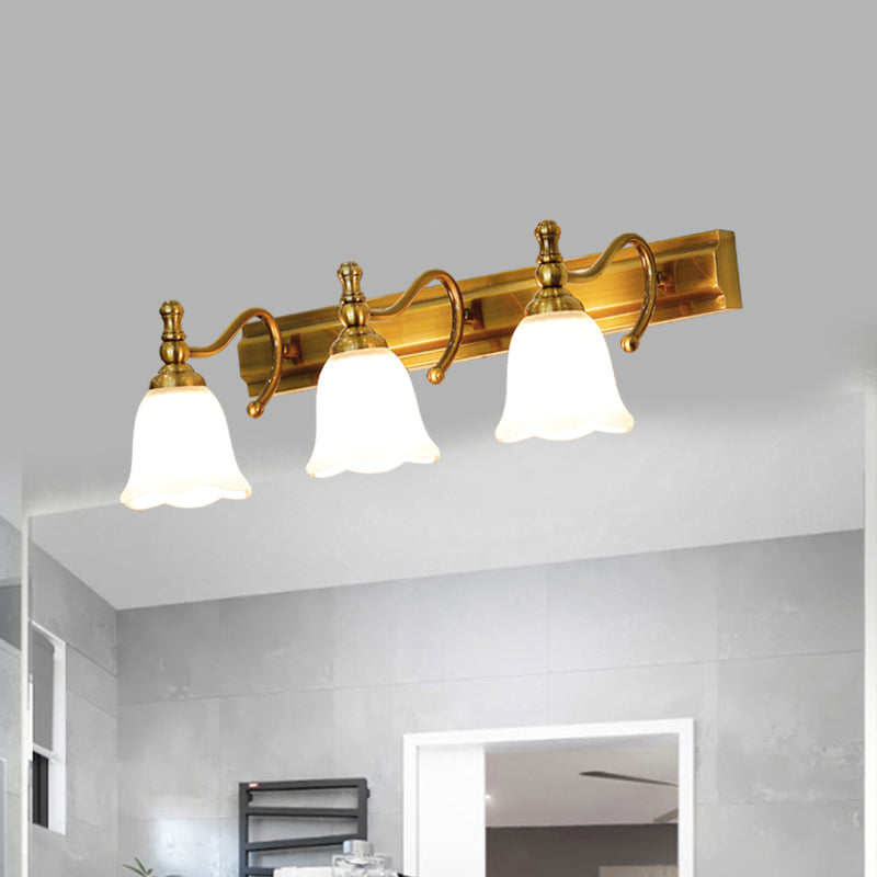 2/3 Heads Wall Vanity Light Colonial Bathroom Wall Lamp with Flower Opal Glass Shade in Gold Clearhalo 'Vanity Lights' 'Wall Lights' Lighting' 1460392