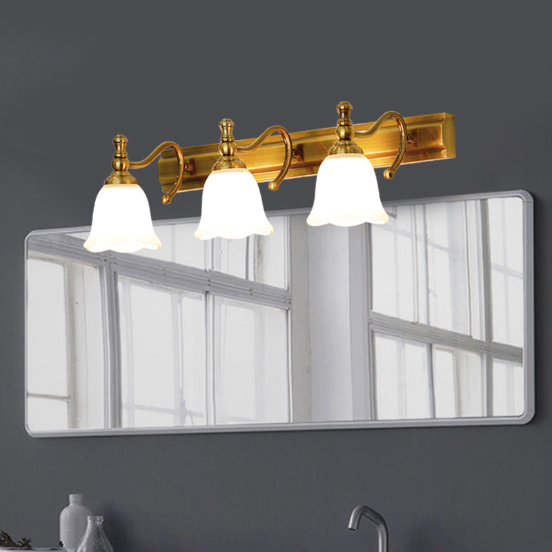 2/3 Heads Wall Vanity Light Colonial Bathroom Wall Lamp with Flower Opal Glass Shade in Gold Clearhalo 'Vanity Lights' 'Wall Lights' Lighting' 1460393