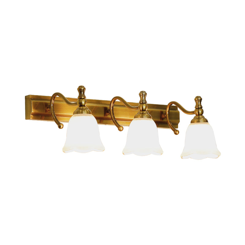 2/3 Heads Wall Vanity Light Colonial Bathroom Wall Lamp with Flower Opal Glass Shade in Gold Clearhalo 'Vanity Lights' 'Wall Lights' Lighting' 1460394