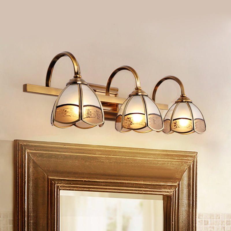 Blossom Bathroom Vanity Light Fixture Luxurious Frosted Glass 2/3 Bulbs Gold Sconce Lamp with Iron Curved Arm 3.0 Gold Clearhalo 'Vanity Lights' 'Wall Lights' Lighting' 1460396