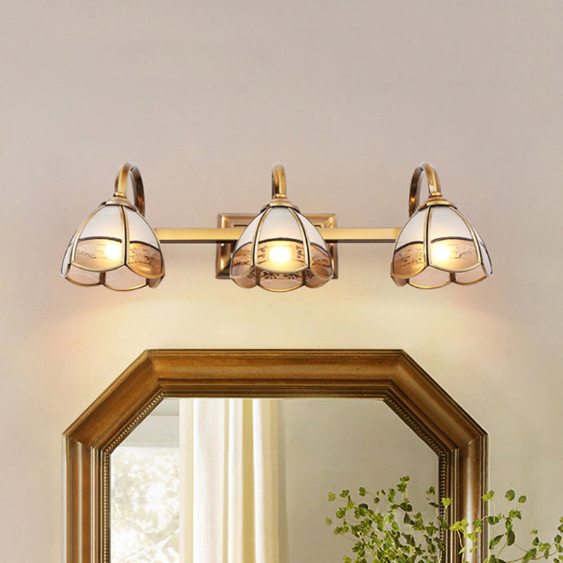 Blossom Bathroom Vanity Light Fixture Luxurious Frosted Glass 2/3 Bulbs Gold Sconce Lamp with Iron Curved Arm Clearhalo 'Vanity Lights' 'Wall Lights' Lighting' 1460397