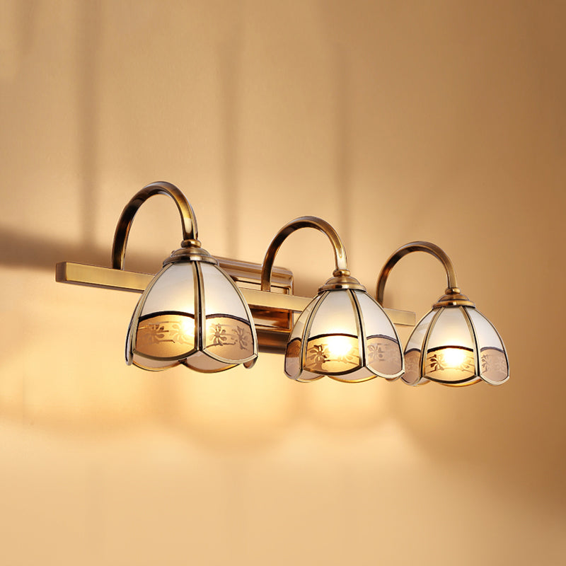 Blossom Bathroom Vanity Light Fixture Luxurious Frosted Glass 2/3 Bulbs Gold Sconce Lamp with Iron Curved Arm Clearhalo 'Vanity Lights' 'Wall Lights' Lighting' 1460399