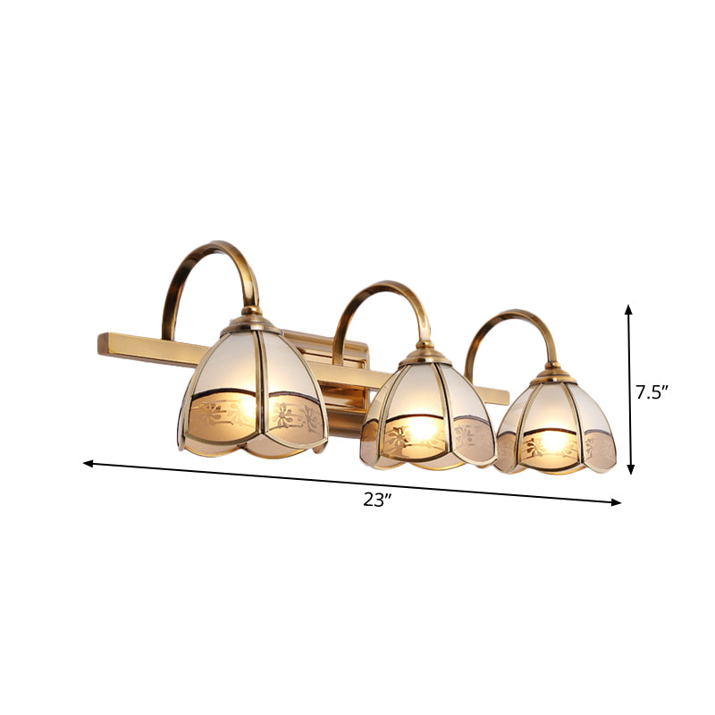 Blossom Bathroom Vanity Light Fixture Luxurious Frosted Glass 2/3 Bulbs Gold Sconce Lamp with Iron Curved Arm Clearhalo 'Vanity Lights' 'Wall Lights' Lighting' 1460400