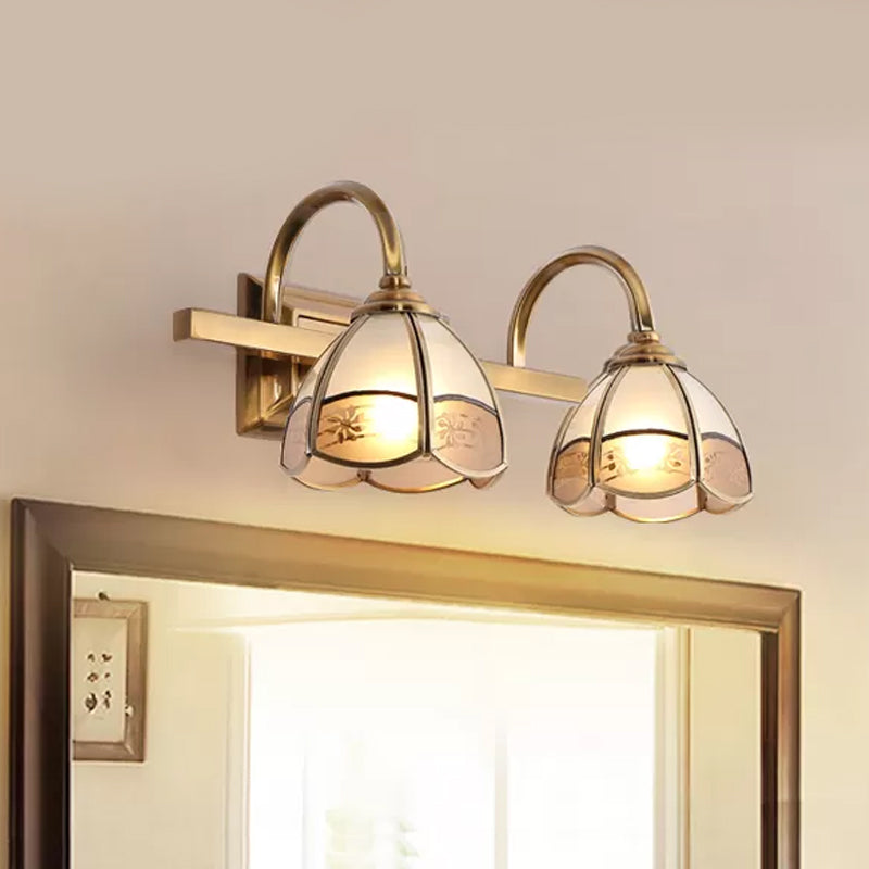 Blossom Bathroom Vanity Light Fixture Luxurious Frosted Glass 2/3 Bulbs Gold Sconce Lamp with Iron Curved Arm 2.0 Gold Clearhalo 'Vanity Lights' 'Wall Lights' Lighting' 1460401