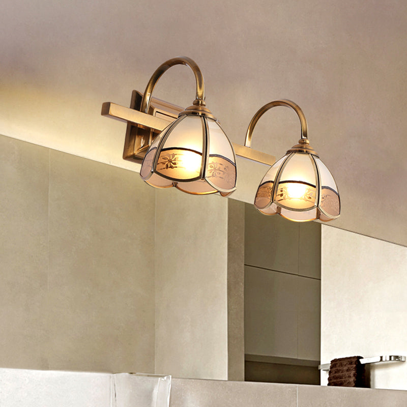 Blossom Bathroom Vanity Light Fixture Luxurious Frosted Glass 2/3 Bulbs Gold Sconce Lamp with Iron Curved Arm Clearhalo 'Vanity Lights' 'Wall Lights' Lighting' 1460402