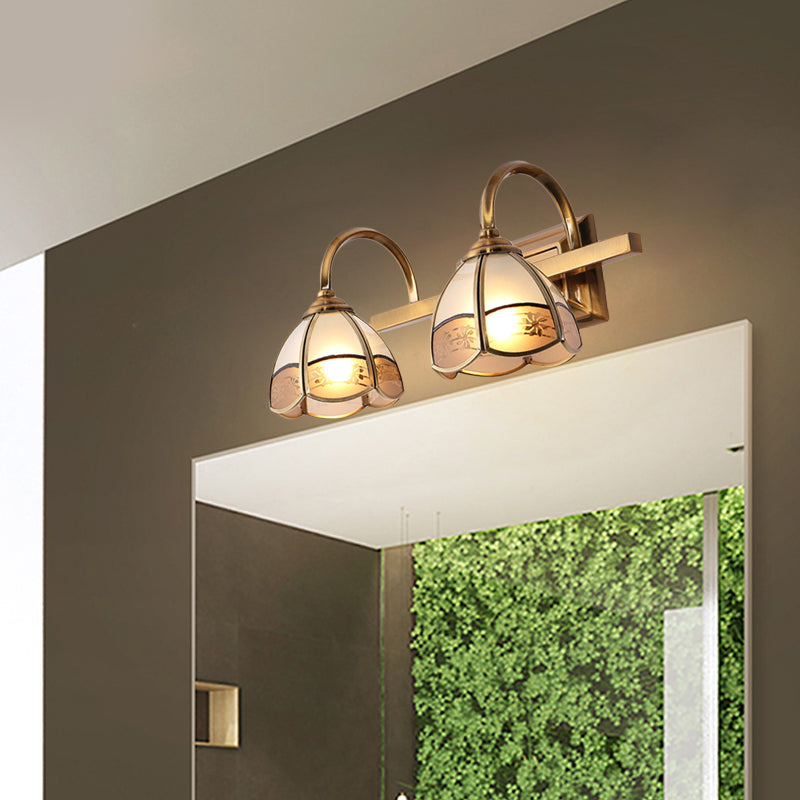 Blossom Bathroom Vanity Light Fixture Luxurious Frosted Glass 2/3 Bulbs Gold Sconce Lamp with Iron Curved Arm Clearhalo 'Vanity Lights' 'Wall Lights' Lighting' 1460403