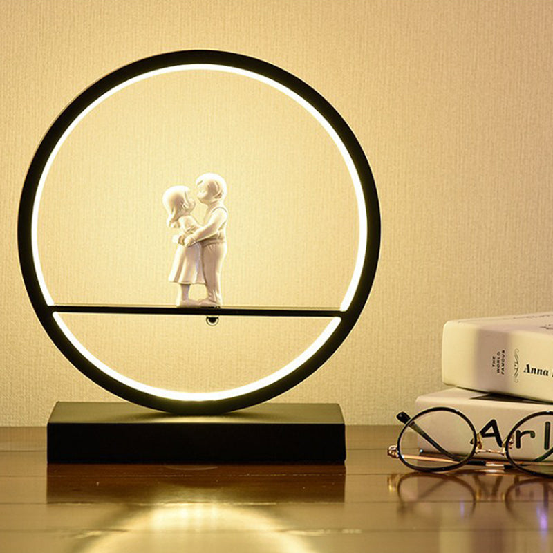 Black/White Hoop Nightstand Light Simple Romantic Acrylic Table Lamp in Warm/White Light with Lover Statuette Black White Clearhalo 'Lamps' 'Table Lamps' Lighting' 1460490