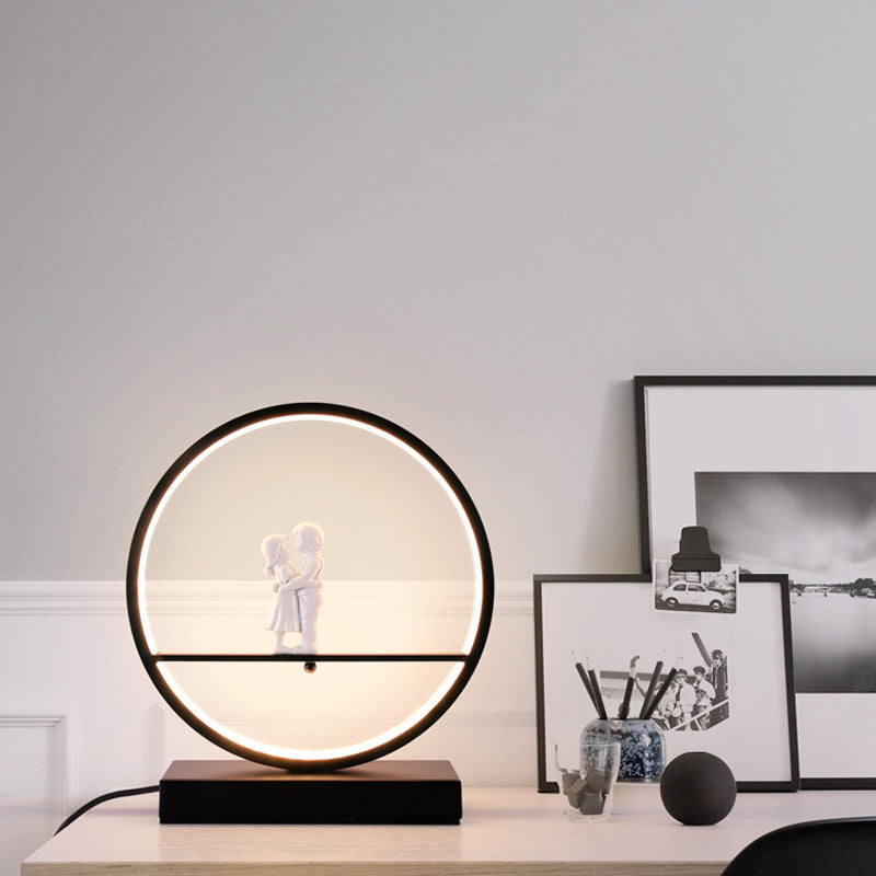 Black/White Hoop Nightstand Light Simple Romantic Acrylic Table Lamp in Warm/White Light with Lover Statuette Black Warm Clearhalo 'Lamps' 'Table Lamps' Lighting' 1460491