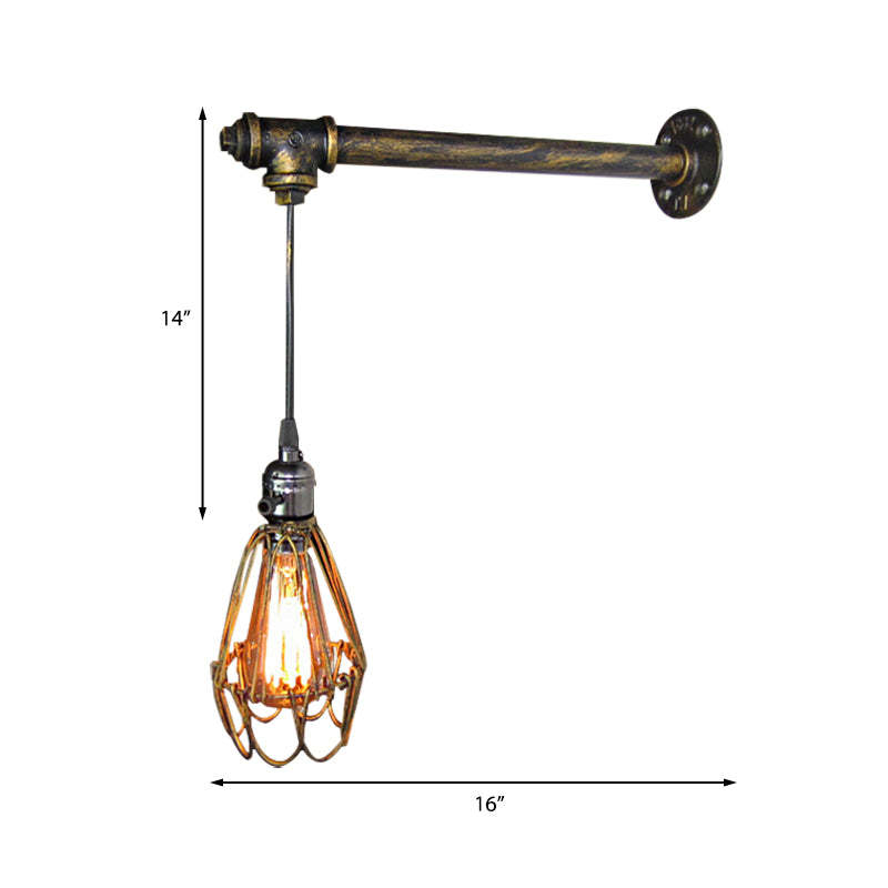 1 Head Iron Wall Lamp Rustic Style Antique Brass Caged Shade Dining Room Wall Light Fixture with Pipe Clearhalo 'Art deco wall lights' 'Cast Iron' 'Glass' 'Industrial wall lights' 'Industrial' 'Middle century wall lights' 'Modern' 'Rustic wall lights' 'Tiffany' 'Traditional wall lights' 'Wall Lamps & Sconces' 'Wall Lights' Lighting' 146065