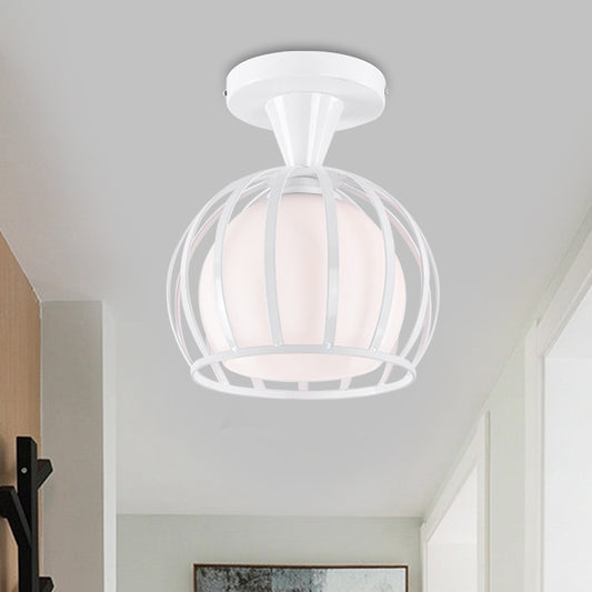 Opal Glass Half Globe Semi Flush Light Modern 1 Head White Ceiling Mount Lamp with Wire Cage Guard White Clearhalo 'Ceiling Lights' 'Close To Ceiling Lights' 'Close to ceiling' 'Semi-flushmount' Lighting' 1460703