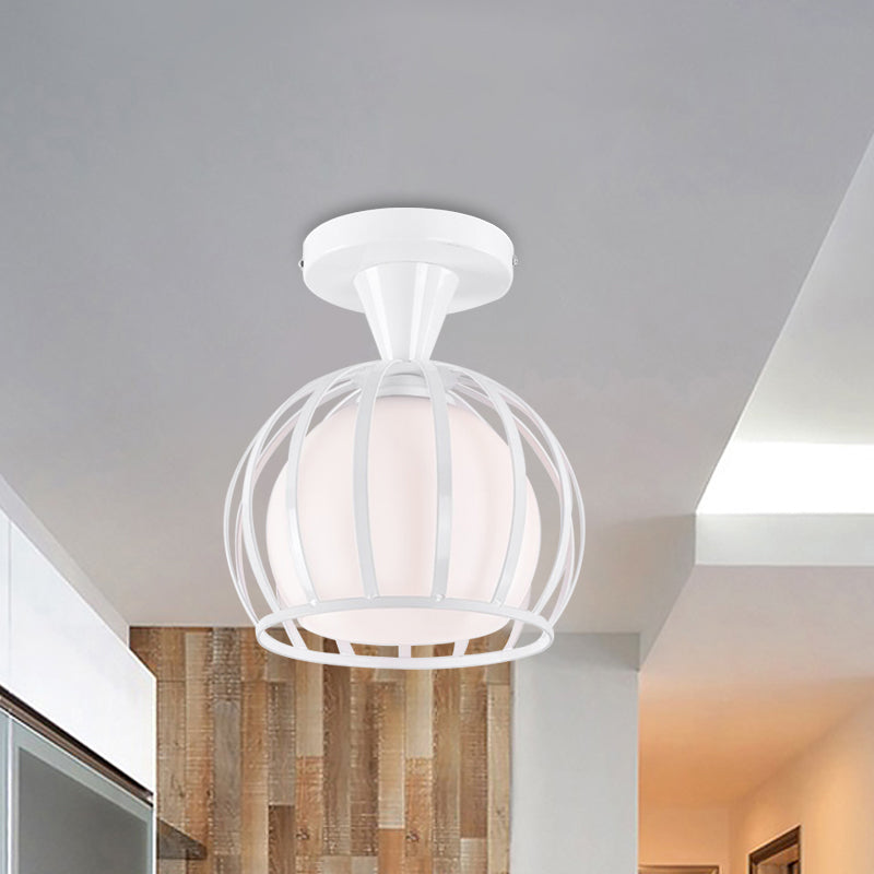 Opal Glass Half Globe Semi Flush Light Modern 1 Head White Ceiling Mount Lamp with Wire Cage Guard Clearhalo 'Ceiling Lights' 'Close To Ceiling Lights' 'Close to ceiling' 'Semi-flushmount' Lighting' 1460704