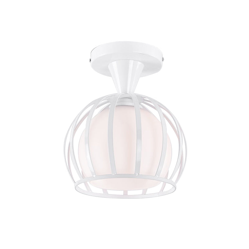 Opal Glass Half Globe Semi Flush Light Modern 1 Head White Ceiling Mount Lamp with Wire Cage Guard Clearhalo 'Ceiling Lights' 'Close To Ceiling Lights' 'Close to ceiling' 'Semi-flushmount' Lighting' 1460705