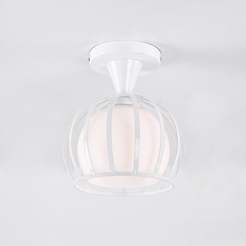 Opal Glass Half Globe Semi Flush Light Modern 1 Head White Ceiling Mount Lamp with Wire Cage Guard Clearhalo 'Ceiling Lights' 'Close To Ceiling Lights' 'Close to ceiling' 'Semi-flushmount' Lighting' 1460706