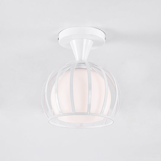 Opal Glass Half Globe Semi Flush Light Modern 1 Head White Ceiling Mount Lamp with Wire Cage Guard Clearhalo 'Ceiling Lights' 'Close To Ceiling Lights' 'Close to ceiling' 'Semi-flushmount' Lighting' 1460706