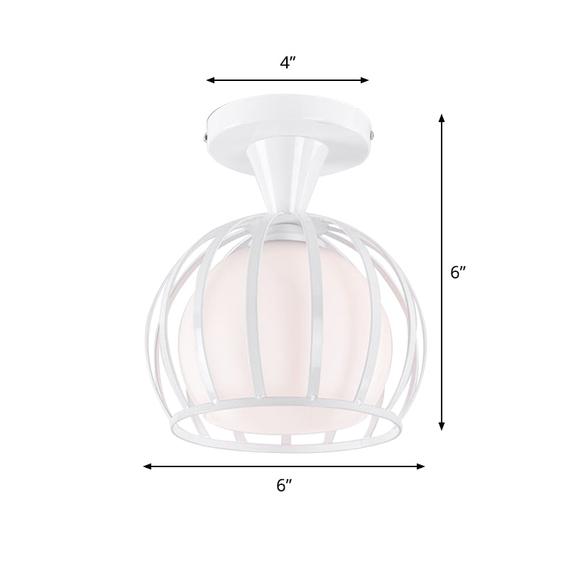 Opal Glass Half Globe Semi Flush Light Modern 1 Head White Ceiling Mount Lamp with Wire Cage Guard Clearhalo 'Ceiling Lights' 'Close To Ceiling Lights' 'Close to ceiling' 'Semi-flushmount' Lighting' 1460707