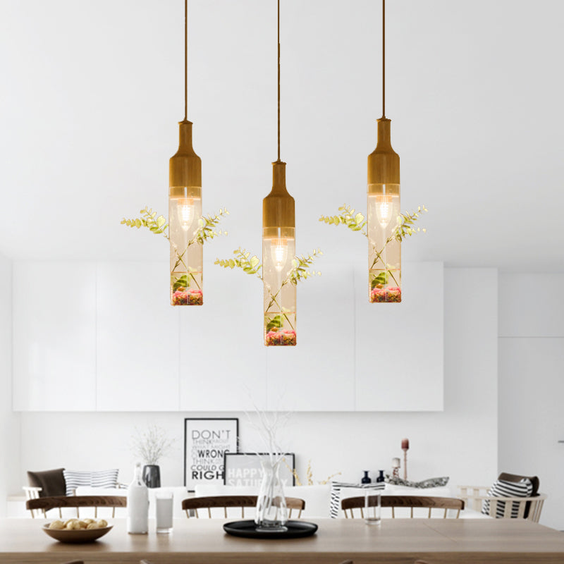 Wood Bottle Ceiling Pendant Nordic Clear Glass 2/3/4 Bulbs Restaurant Plant Drop Lamp with Round/Linear Canopy Clearhalo 'Ceiling Lights' 'Glass shade' 'Glass' 'Industrial Pendants' 'Industrial' 'Middle Century Pendants' 'Pendant Lights' 'Pendants' 'Tiffany' Lighting' 1460732
