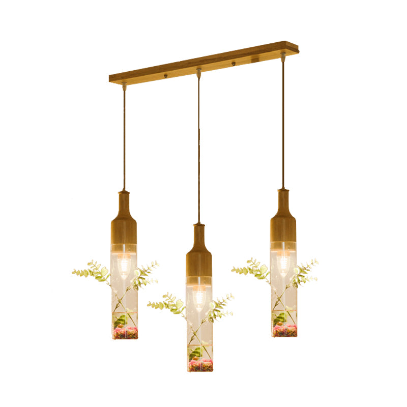 Wood Bottle Ceiling Pendant Nordic Clear Glass 2/3/4 Bulbs Restaurant Plant Drop Lamp with Round/Linear Canopy Clearhalo 'Ceiling Lights' 'Glass shade' 'Glass' 'Industrial Pendants' 'Industrial' 'Middle Century Pendants' 'Pendant Lights' 'Pendants' 'Tiffany' Lighting' 1460733
