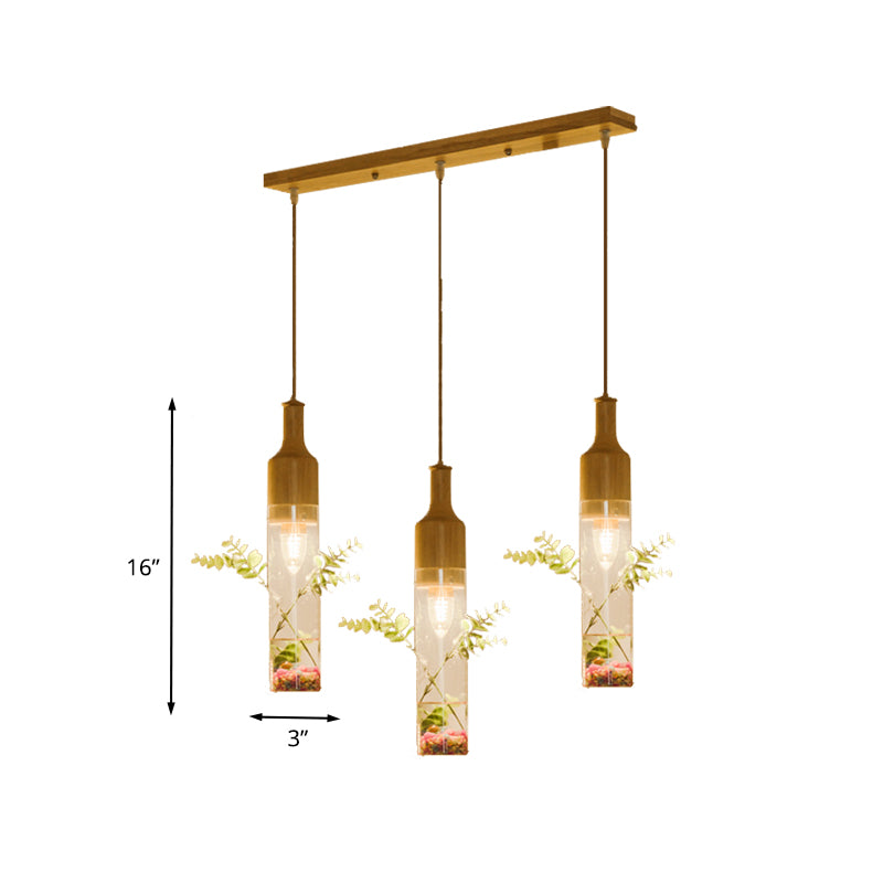 Wood Bottle Ceiling Pendant Nordic Clear Glass 2/3/4 Bulbs Restaurant Plant Drop Lamp with Round/Linear Canopy Clearhalo 'Ceiling Lights' 'Glass shade' 'Glass' 'Industrial Pendants' 'Industrial' 'Middle Century Pendants' 'Pendant Lights' 'Pendants' 'Tiffany' Lighting' 1460734