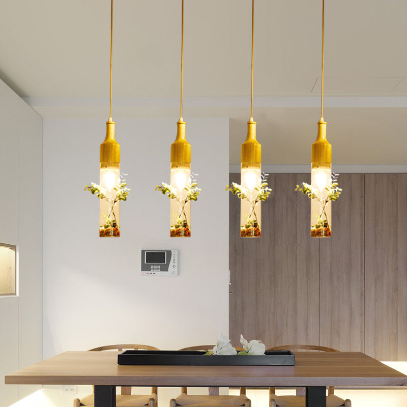 Wood Bottle Ceiling Pendant Nordic Clear Glass 2/3/4 Bulbs Restaurant Plant Drop Lamp with Round/Linear Canopy Clearhalo 'Ceiling Lights' 'Glass shade' 'Glass' 'Industrial Pendants' 'Industrial' 'Middle Century Pendants' 'Pendant Lights' 'Pendants' 'Tiffany' Lighting' 1460736