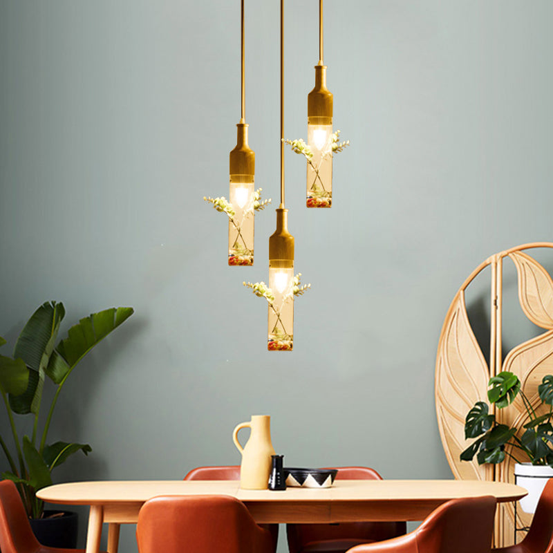 Wood Bottle Ceiling Pendant Nordic Clear Glass 2/3/4 Bulbs Restaurant Plant Drop Lamp with Round/Linear Canopy Clearhalo 'Ceiling Lights' 'Glass shade' 'Glass' 'Industrial Pendants' 'Industrial' 'Middle Century Pendants' 'Pendant Lights' 'Pendants' 'Tiffany' Lighting' 1460740