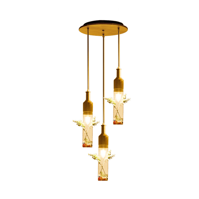 Wood Bottle Ceiling Pendant Nordic Clear Glass 2/3/4 Bulbs Restaurant Plant Drop Lamp with Round/Linear Canopy Clearhalo 'Ceiling Lights' 'Glass shade' 'Glass' 'Industrial Pendants' 'Industrial' 'Middle Century Pendants' 'Pendant Lights' 'Pendants' 'Tiffany' Lighting' 1460741