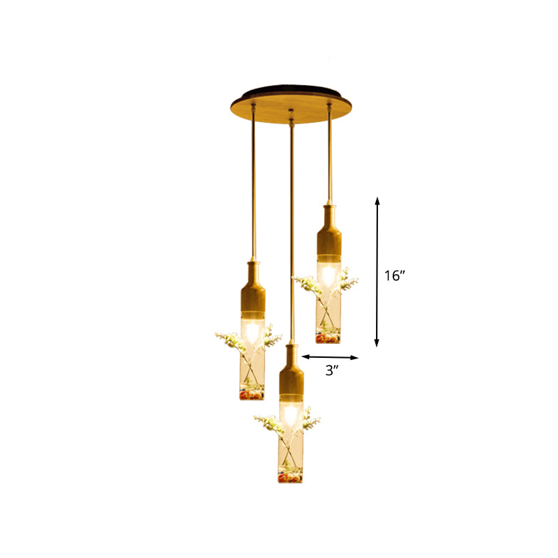 Wood Bottle Ceiling Pendant Nordic Clear Glass 2/3/4 Bulbs Restaurant Plant Drop Lamp with Round/Linear Canopy Clearhalo 'Ceiling Lights' 'Glass shade' 'Glass' 'Industrial Pendants' 'Industrial' 'Middle Century Pendants' 'Pendant Lights' 'Pendants' 'Tiffany' Lighting' 1460742