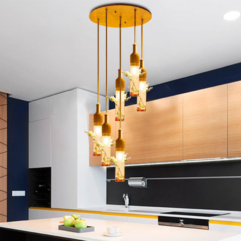 Wood Bottle Ceiling Pendant Nordic Clear Glass 2/3/4 Bulbs Restaurant Plant Drop Lamp with Round/Linear Canopy Wood E Clearhalo 'Ceiling Lights' 'Glass shade' 'Glass' 'Industrial Pendants' 'Industrial' 'Middle Century Pendants' 'Pendant Lights' 'Pendants' 'Tiffany' Lighting' 1460743