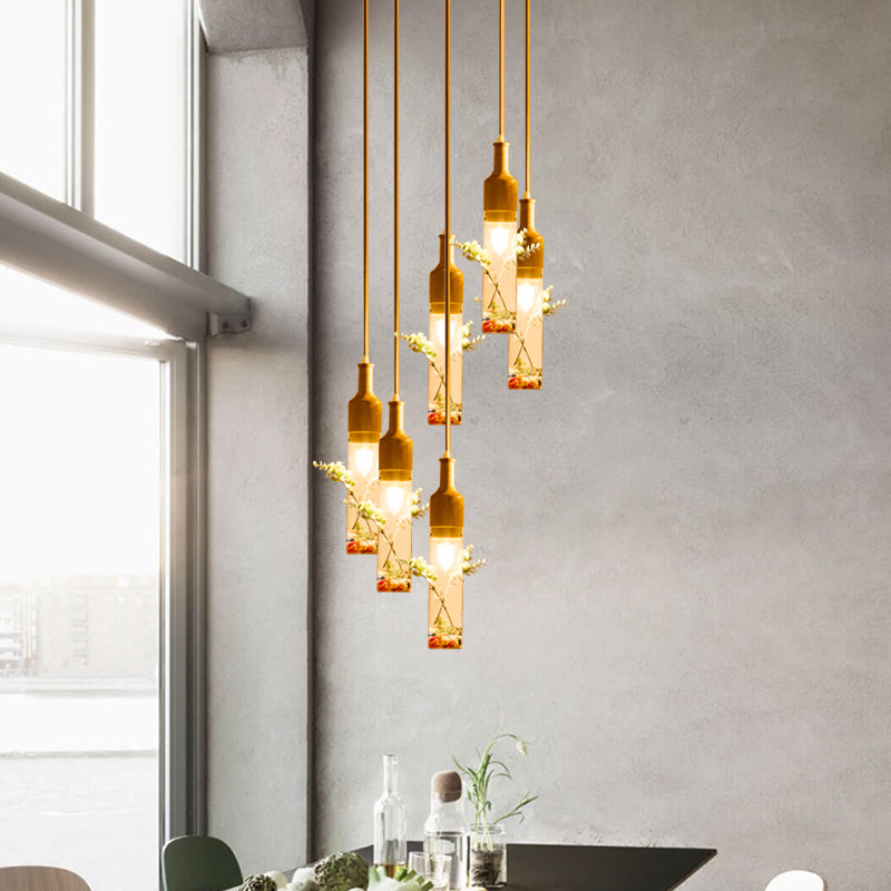 Wood Bottle Ceiling Pendant Nordic Clear Glass 2/3/4 Bulbs Restaurant Plant Drop Lamp with Round/Linear Canopy Clearhalo 'Ceiling Lights' 'Glass shade' 'Glass' 'Industrial Pendants' 'Industrial' 'Middle Century Pendants' 'Pendant Lights' 'Pendants' 'Tiffany' Lighting' 1460744