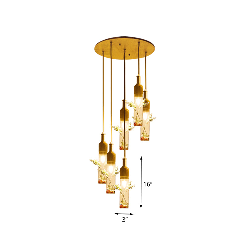 Wood Bottle Ceiling Pendant Nordic Clear Glass 2/3/4 Bulbs Restaurant Plant Drop Lamp with Round/Linear Canopy Clearhalo 'Ceiling Lights' 'Glass shade' 'Glass' 'Industrial Pendants' 'Industrial' 'Middle Century Pendants' 'Pendant Lights' 'Pendants' 'Tiffany' Lighting' 1460746