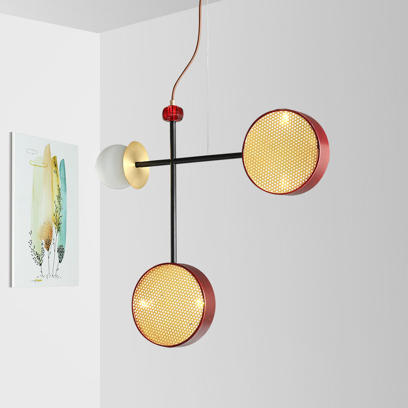 Modern Vogue Cross Chandelier Metal 5-Light Living Room Pendant Lamp in Red with Ball Glass Shade and Mesh Screen Red Clearhalo 'Ceiling Lights' 'Chandeliers' 'Modern Chandeliers' 'Modern' Lighting' 1460778