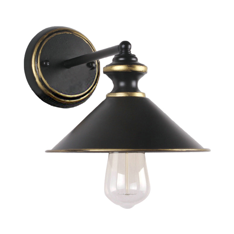 Metallic Black Wall Lamp Conical Shade 1 Light Industrial Style Sconce Lighting for Dining Room Clearhalo 'Art deco wall lights' 'Cast Iron' 'Glass' 'Industrial wall lights' 'Industrial' 'Middle century wall lights' 'Modern' 'Rustic wall lights' 'Tiffany' 'Traditional wall lights' 'Wall Lamps & Sconces' 'Wall Lights' Lighting' 146078