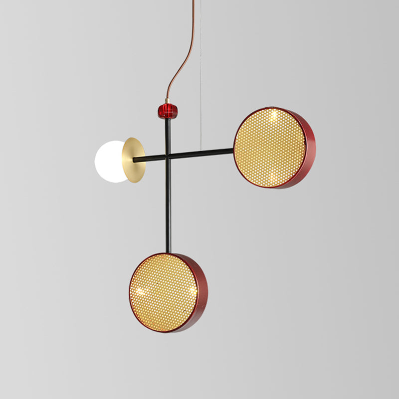 Modern Vogue Cross Chandelier Metal 5-Light Living Room Pendant Lamp in Red with Ball Glass Shade and Mesh Screen Clearhalo 'Ceiling Lights' 'Chandeliers' 'Modern Chandeliers' 'Modern' Lighting' 1460781