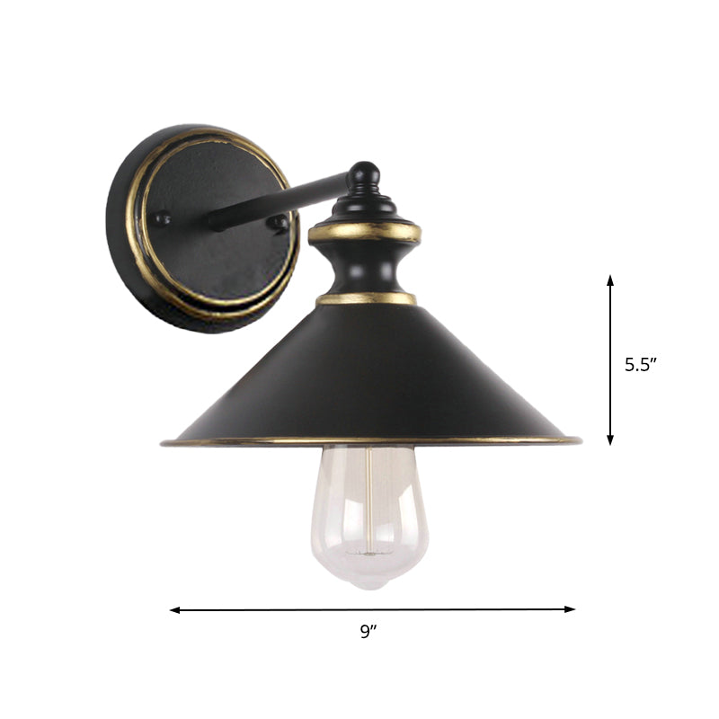 Metallic Black Wall Lamp Conical Shade 1 Light Industrial Style Sconce Lighting for Dining Room Clearhalo 'Art deco wall lights' 'Cast Iron' 'Glass' 'Industrial wall lights' 'Industrial' 'Middle century wall lights' 'Modern' 'Rustic wall lights' 'Tiffany' 'Traditional wall lights' 'Wall Lamps & Sconces' 'Wall Lights' Lighting' 146079