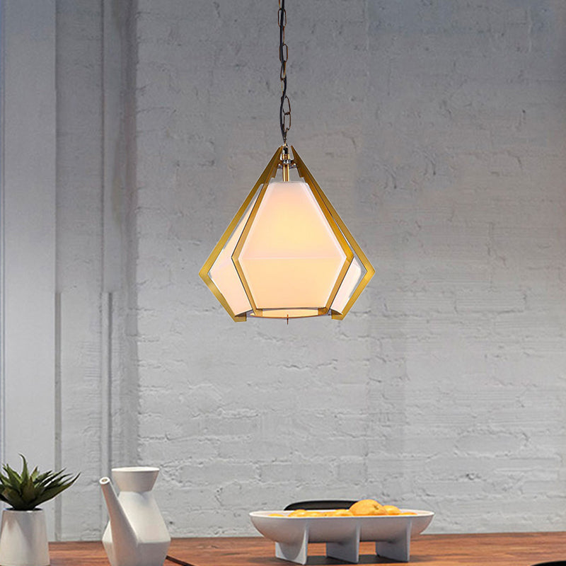 Diamond Restaurant Ceiling Pendant Lamp Colonialism White/Smoke Gray/Tan Glass 1 Bulb Gold Hanging Light Fixture Clearhalo 'Ceiling Lights' 'Close To Ceiling Lights' 'Glass shade' 'Glass' 'Pendant Lights' 'Pendants' Lighting' 1460819