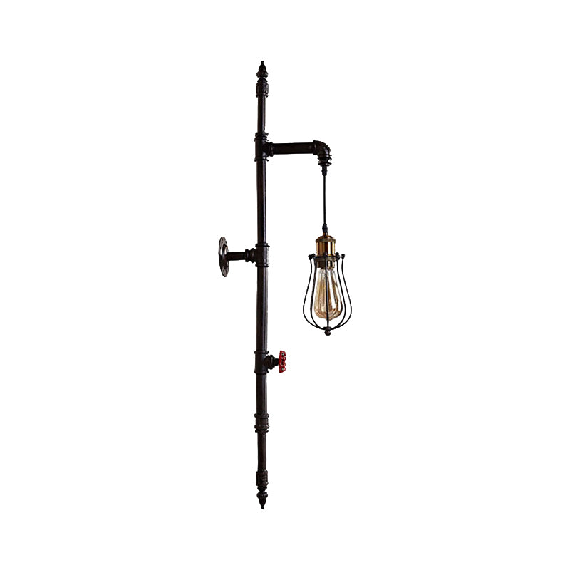 Rustic Stylish Wire Guard Wall Hanging Light with Water Pipe 1 Light Iron Wall Sconce in Black for Living Room Clearhalo 'Art deco wall lights' 'Cast Iron' 'Glass' 'Industrial wall lights' 'Industrial' 'Middle century wall lights' 'Modern' 'Rustic wall lights' 'Tiffany' 'Traditional wall lights' 'Wall Lamps & Sconces' 'Wall Lights' Lighting' 146082