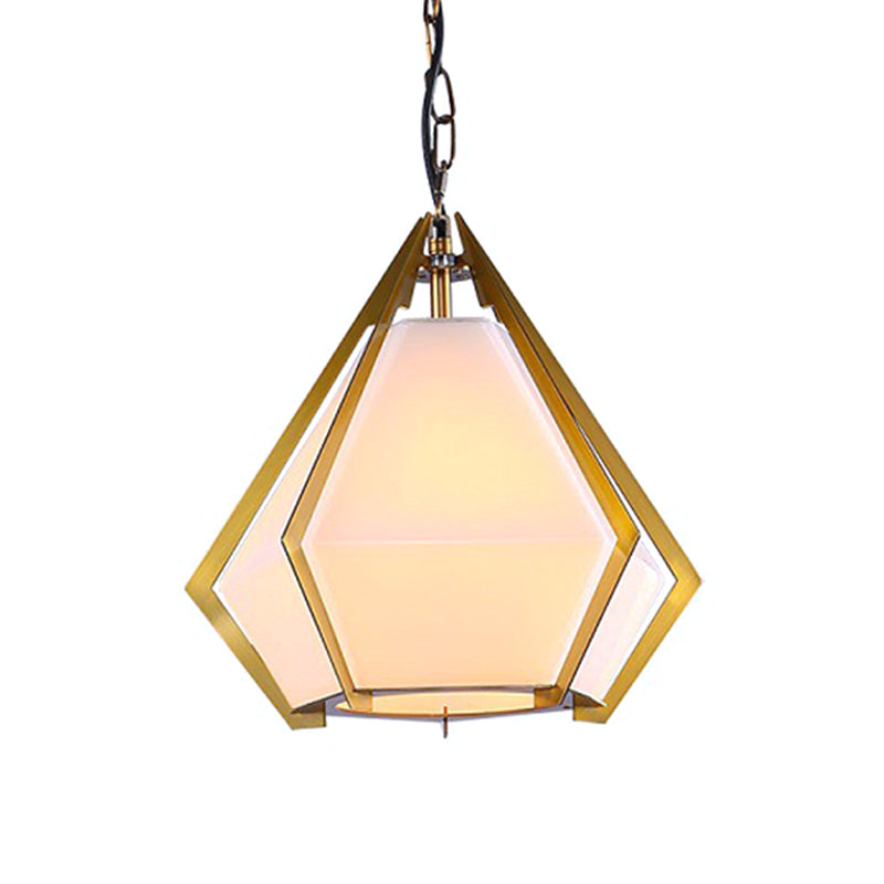 Diamond Restaurant Ceiling Pendant Lamp Colonialism White/Smoke Gray/Tan Glass 1 Bulb Gold Hanging Light Fixture Clearhalo 'Ceiling Lights' 'Close To Ceiling Lights' 'Glass shade' 'Glass' 'Pendant Lights' 'Pendants' Lighting' 1460820