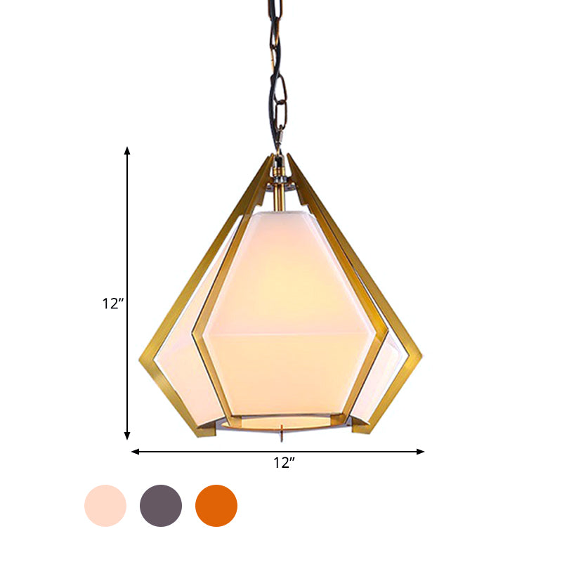 Diamond Restaurant Ceiling Pendant Lamp Colonialism White/Smoke Gray/Tan Glass 1 Bulb Gold Hanging Light Fixture Clearhalo 'Ceiling Lights' 'Close To Ceiling Lights' 'Glass shade' 'Glass' 'Pendant Lights' 'Pendants' Lighting' 1460821