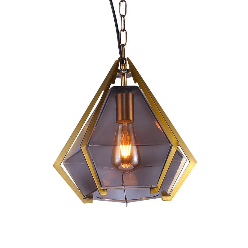 Diamond Restaurant Ceiling Pendant Lamp Colonialism White/Smoke Gray/Tan Glass 1 Bulb Gold Hanging Light Fixture Clearhalo 'Ceiling Lights' 'Close To Ceiling Lights' 'Glass shade' 'Glass' 'Pendant Lights' 'Pendants' Lighting' 1460825