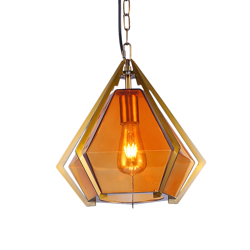 Diamond Restaurant Ceiling Pendant Lamp Colonialism White/Smoke Gray/Tan Glass 1 Bulb Gold Hanging Light Fixture Clearhalo 'Ceiling Lights' 'Close To Ceiling Lights' 'Glass shade' 'Glass' 'Pendant Lights' 'Pendants' Lighting' 1460829