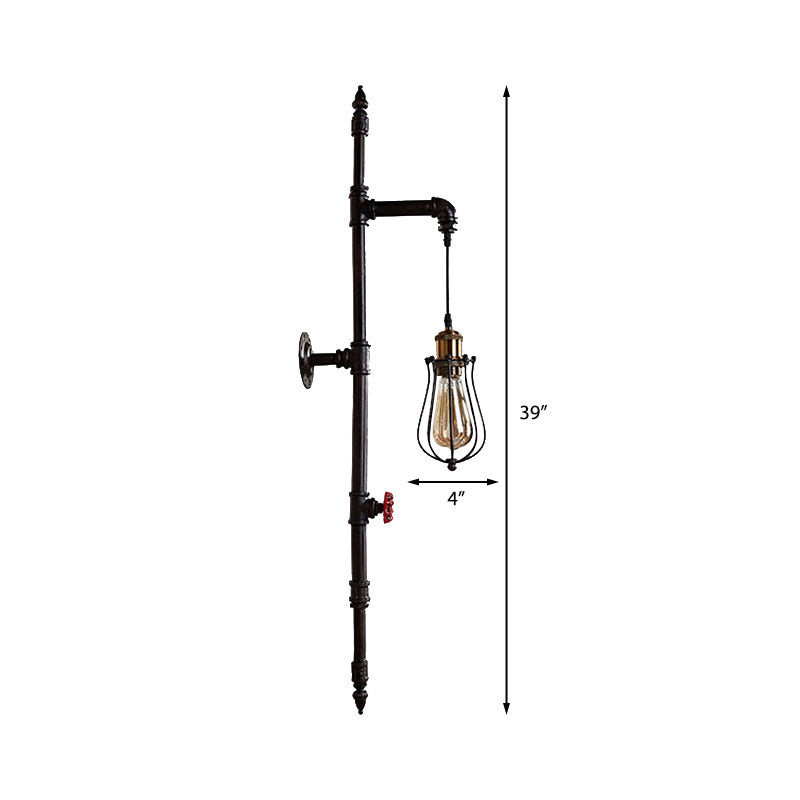 Rustic Stylish Wire Guard Wall Hanging Light with Water Pipe 1 Light Iron Wall Sconce in Black for Living Room Clearhalo 'Art deco wall lights' 'Cast Iron' 'Glass' 'Industrial wall lights' 'Industrial' 'Middle century wall lights' 'Modern' 'Rustic wall lights' 'Tiffany' 'Traditional wall lights' 'Wall Lamps & Sconces' 'Wall Lights' Lighting' 146083