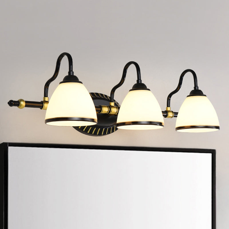 Traditional Bowl Vanity Lighting Fixture 2/3 Bulbs Milky Glass Sconce Wall Light in Black with Metal Curving Arm 3.0 Black Clearhalo 'Vanity Lights' 'Wall Lights' Lighting' 1460845