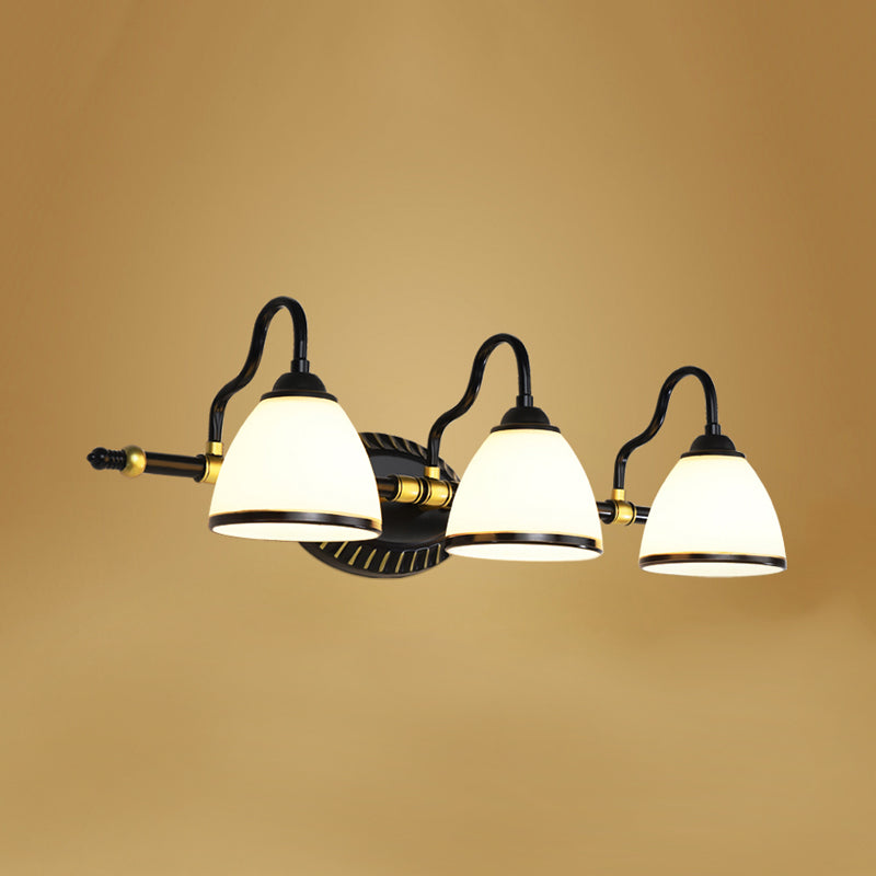 Traditional Bowl Vanity Lighting Fixture 2/3 Bulbs Milky Glass Sconce Wall Light in Black with Metal Curving Arm Clearhalo 'Vanity Lights' 'Wall Lights' Lighting' 1460848