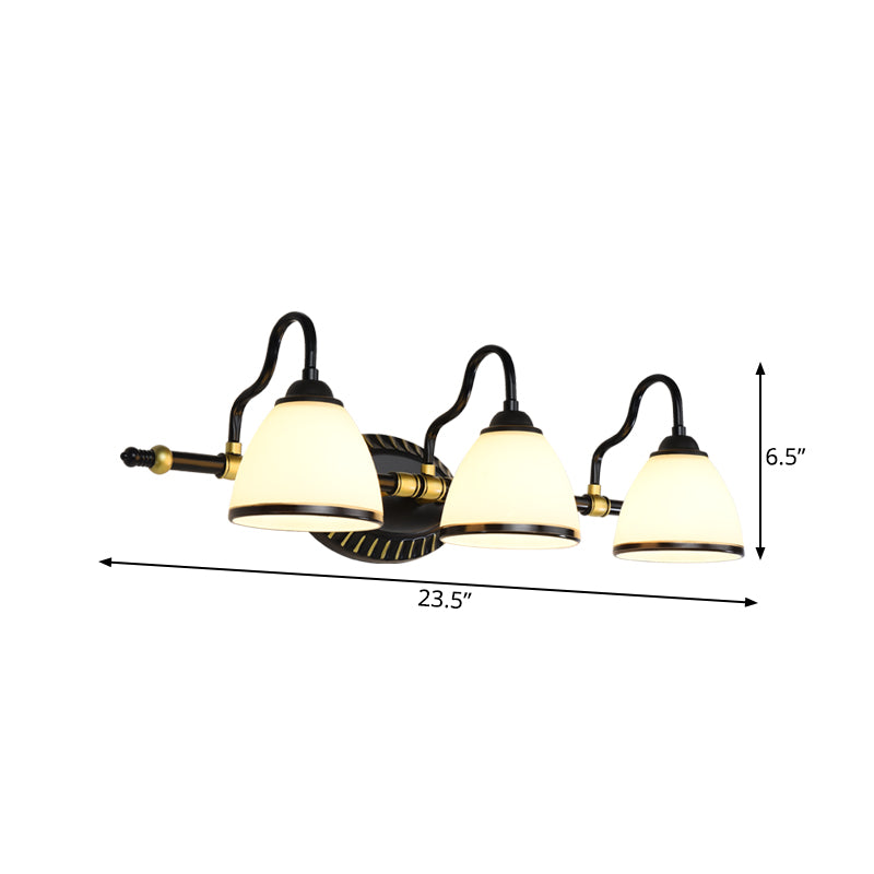 Traditional Bowl Vanity Lighting Fixture 2/3 Bulbs Milky Glass Sconce Wall Light in Black with Metal Curving Arm Clearhalo 'Vanity Lights' 'Wall Lights' Lighting' 1460849