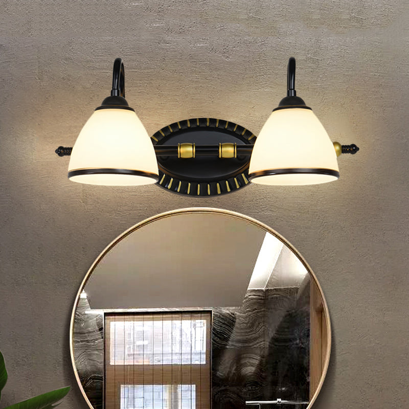 Traditional Bowl Vanity Lighting Fixture 2/3 Bulbs Milky Glass Sconce Wall Light in Black with Metal Curving Arm 2.0 Black Clearhalo 'Vanity Lights' 'Wall Lights' Lighting' 1460850